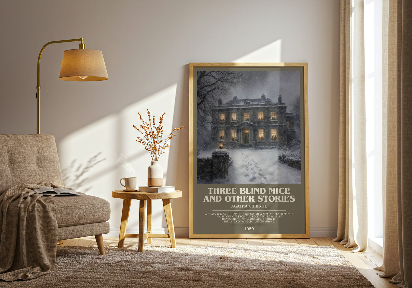 Three Blind Mice And Other Stories bookish print on bookshelf – Agatha Christie fan gift