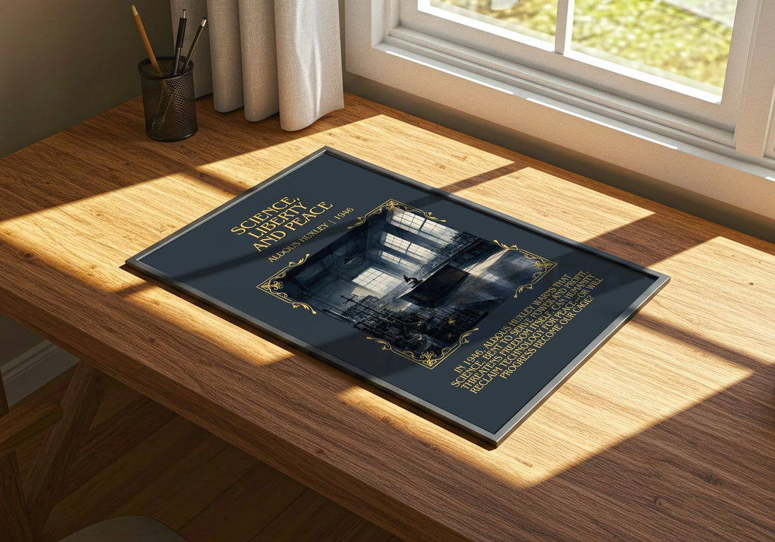 Science, Liberty And Peace Minimalist Book Poster by Aldous Huxley – print on a sunlit desk