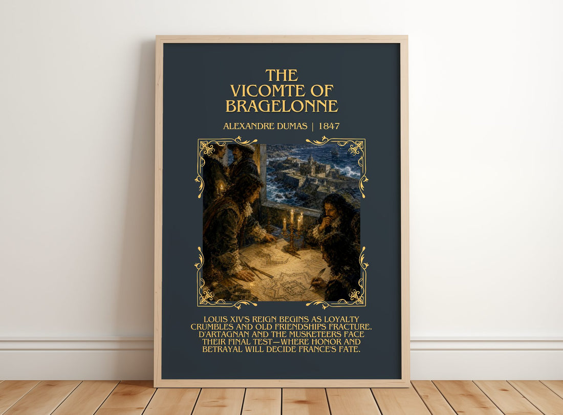 The Vicomte Of Bragelonne Minimalist Book Poster by Alexandre Dumas – framed print leaning on a wooden floor