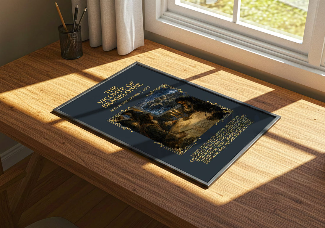 The Vicomte Of Bragelonne Minimalist Book Poster by Alexandre Dumas – print on a sunlit desk
