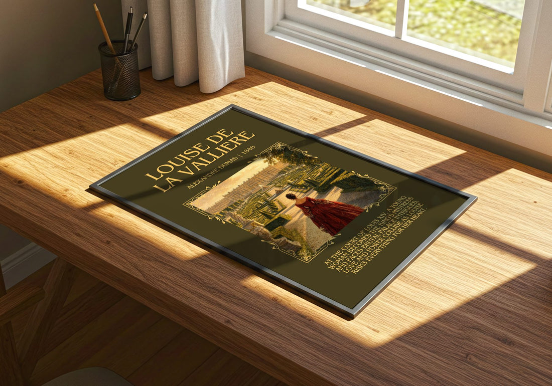 Louise De La Vallière Minimalist Book Poster by Alexandre Dumas – print on a sunlit desk