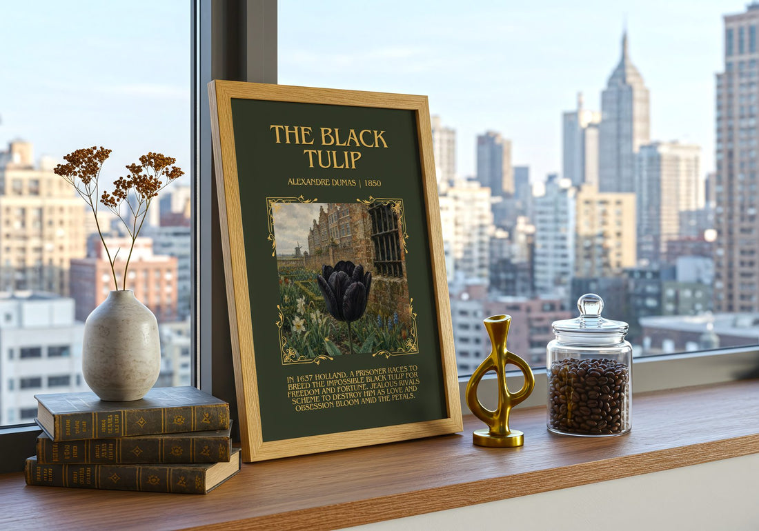 The Black Tulip Minimalist Book Poster by Alexandre Dumas – framed print on a city-view windowsill