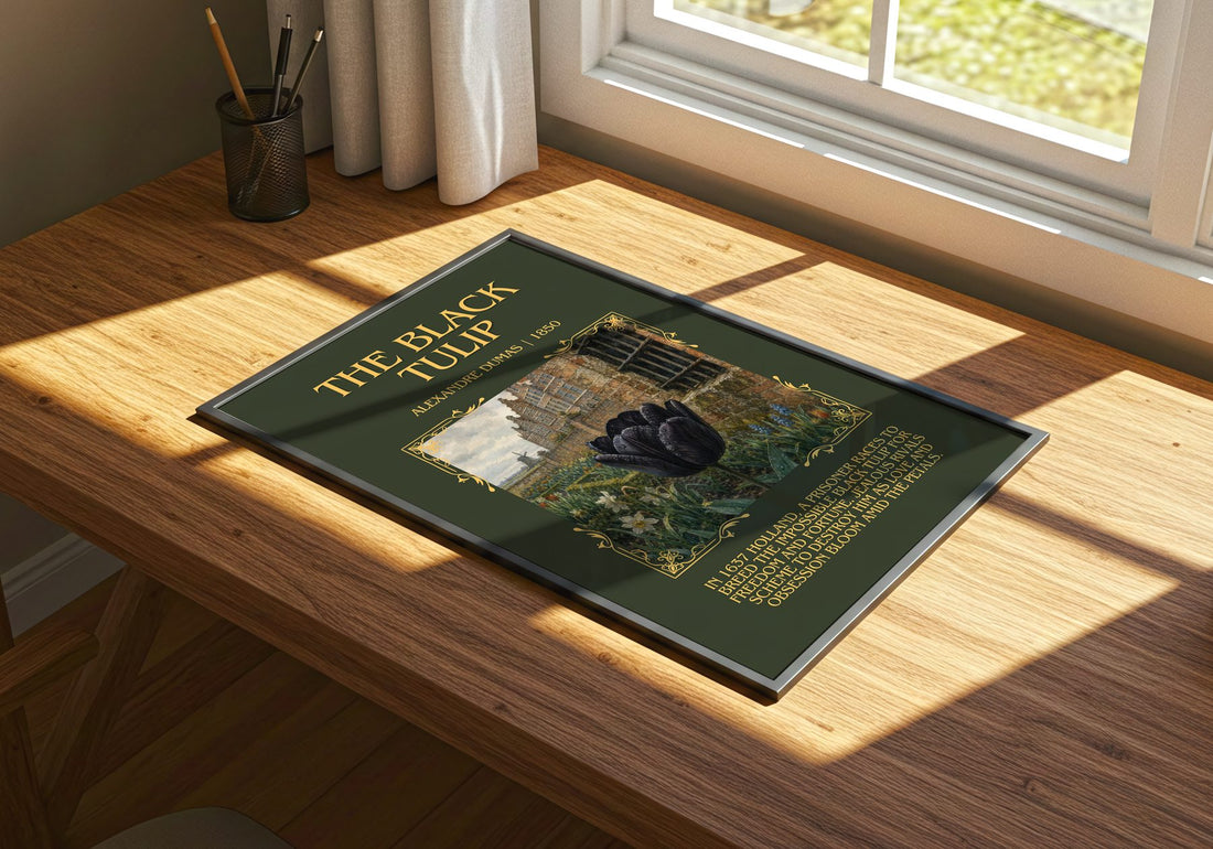 The Black Tulip Minimalist Book Poster by Alexandre Dumas – print on a sunlit desk