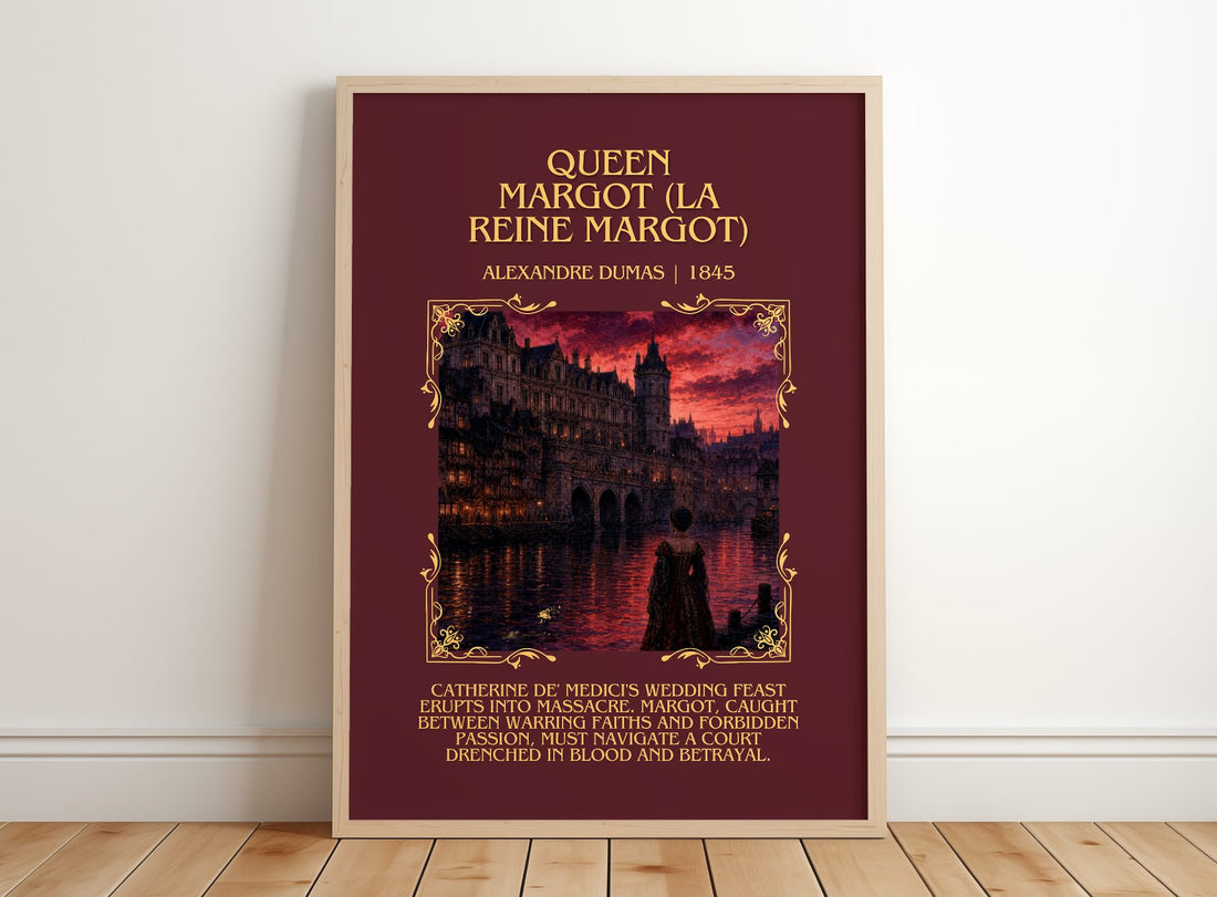 Queen Margot (La Reine Margot) Minimalist Book Poster by A. Dumas – framed print leaning on a wooden floor