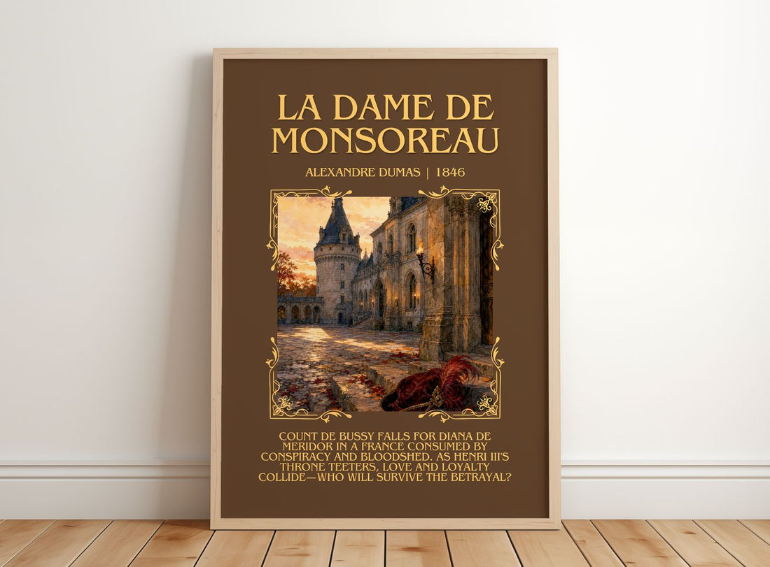 La Dame De Monsoreau Minimalist Book Poster by Alexandre Dumas – framed print leaning on a wooden floor