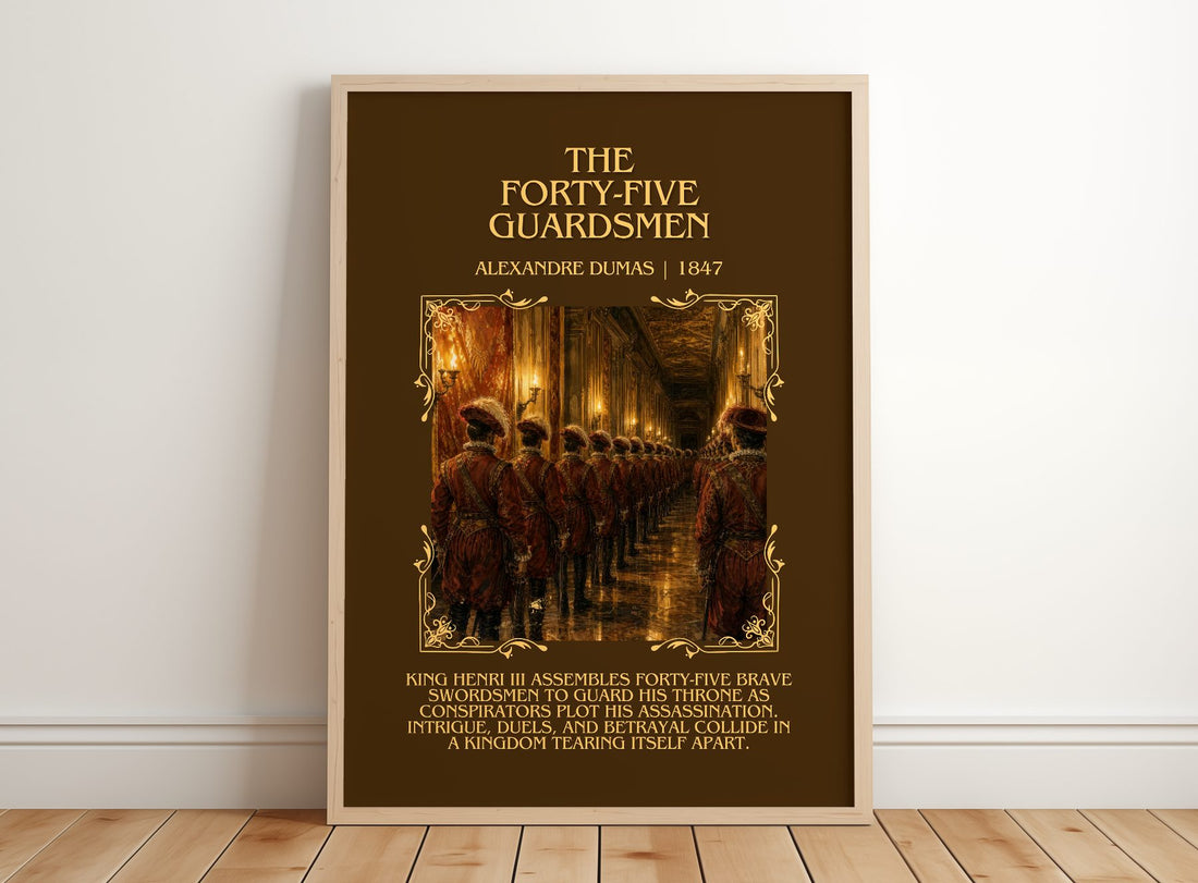 The Forty-Five Guardsmen Minimalist Book Poster by Alexandre Dumas – framed print leaning on a wooden floor