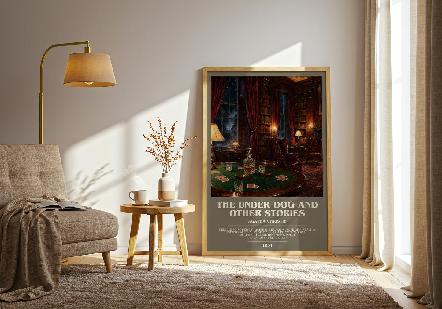 The Under Dog And Other Stories bookish print on bookshelf – Agatha Christie fan gift