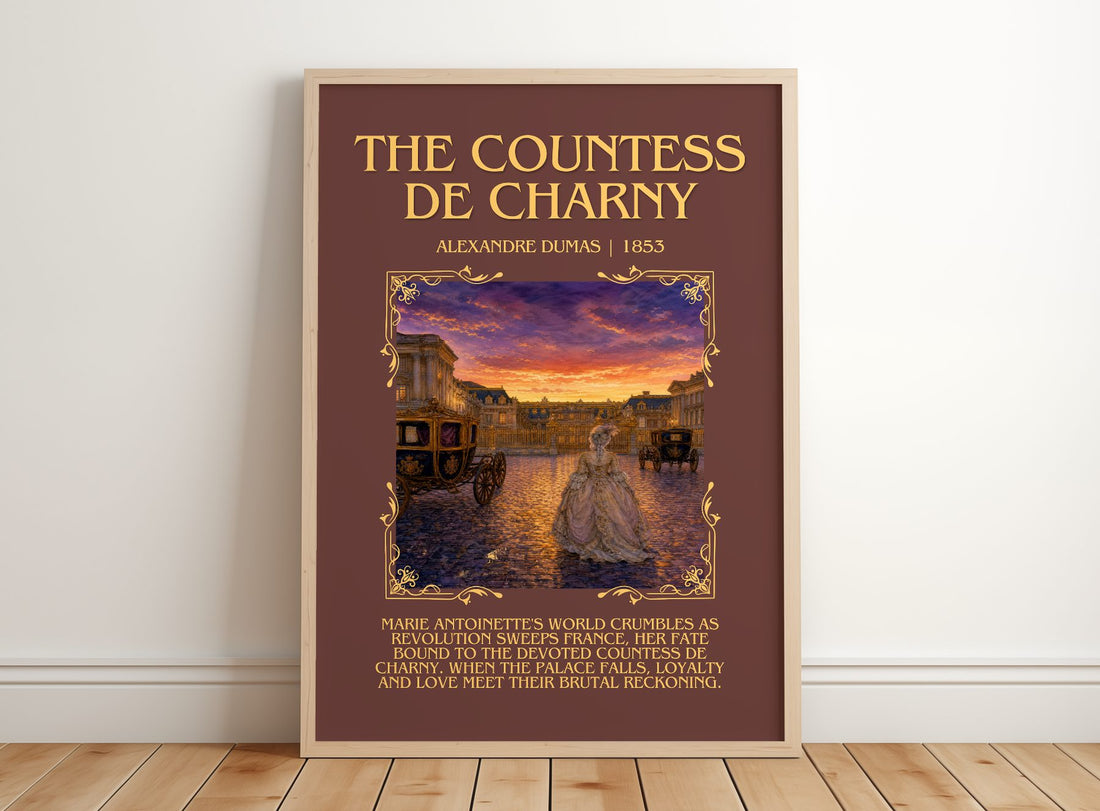 The Countess De Charny Minimalist Book Poster by Alexandre Dumas – framed print leaning on a wooden floor