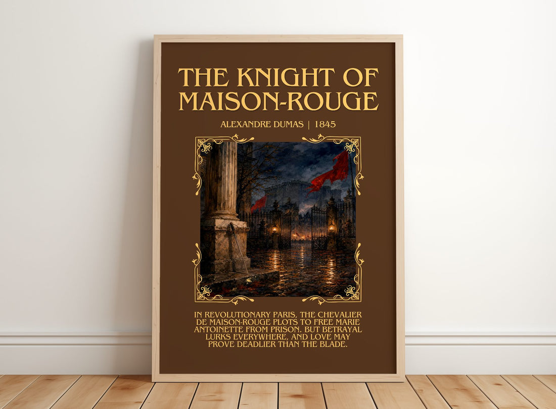The Knight Of Maison-Rouge Minimalist Book Poster by Alexandre Dumas – framed print leaning on a wooden floor
