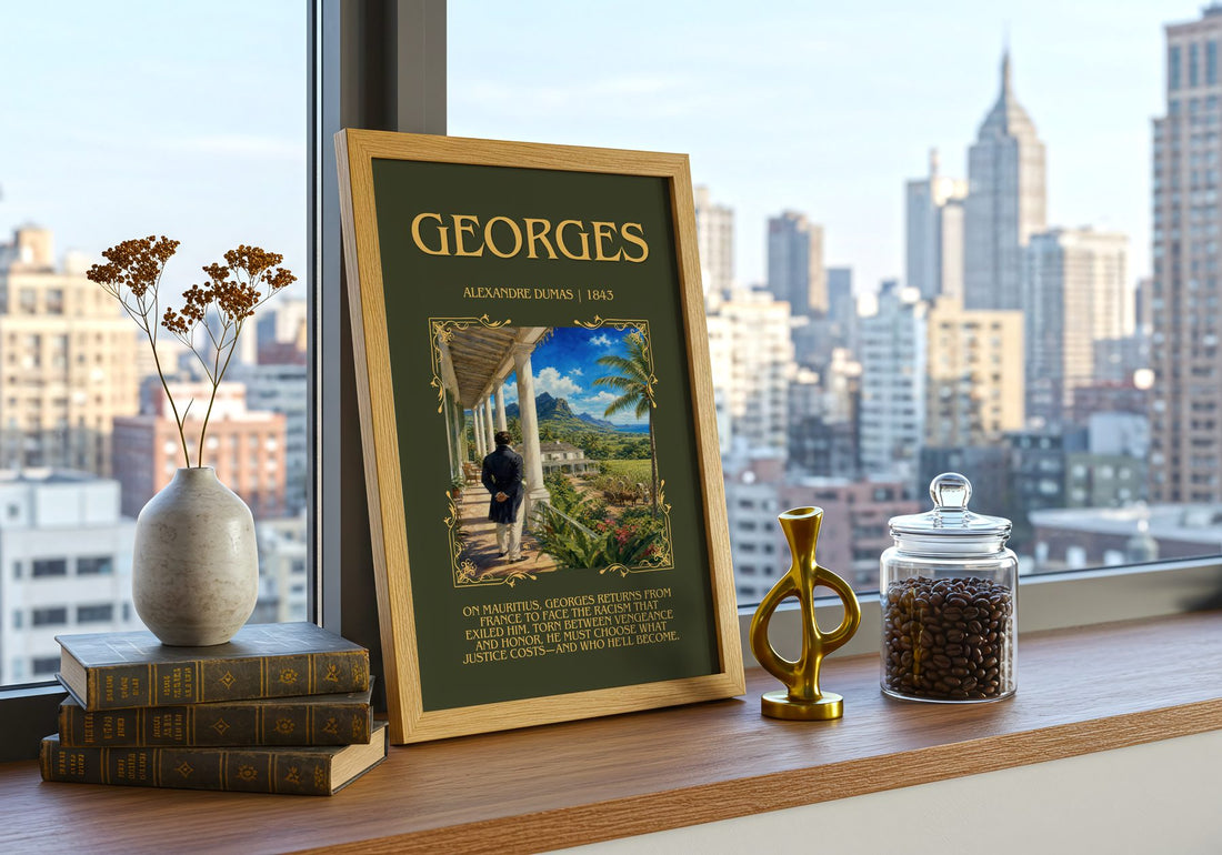 Georges Minimalist Book Poster by Alexandre Dumas – framed print on a city-view windowsill