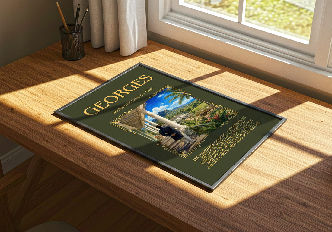 Georges Minimalist Book Poster by Alexandre Dumas – print on a sunlit desk