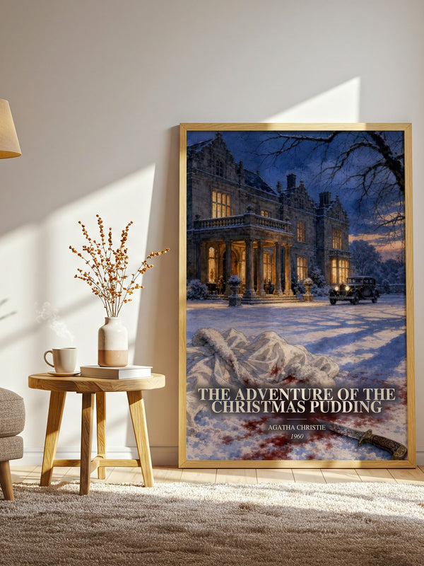 The Adventure Of The Christmas Pudding watercolour print in frame leaning in hallway – mystery wall art