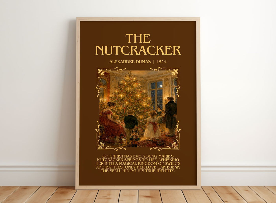 The Nutcracker Minimalist Book Poster by Alexandre Dumas – framed print leaning on a wooden floor