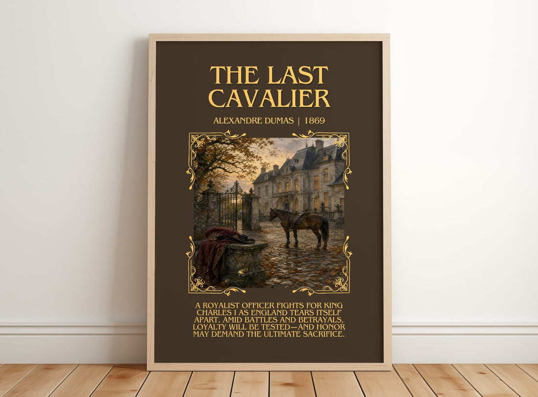 The Last Cavalier Minimalist Book Poster by Alexandre Dumas – framed print leaning on a wooden floor