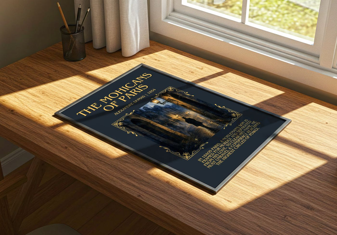 The Mohicans Of Paris Minimalist Book Poster by Alexandre Dumas – print on a sunlit desk
