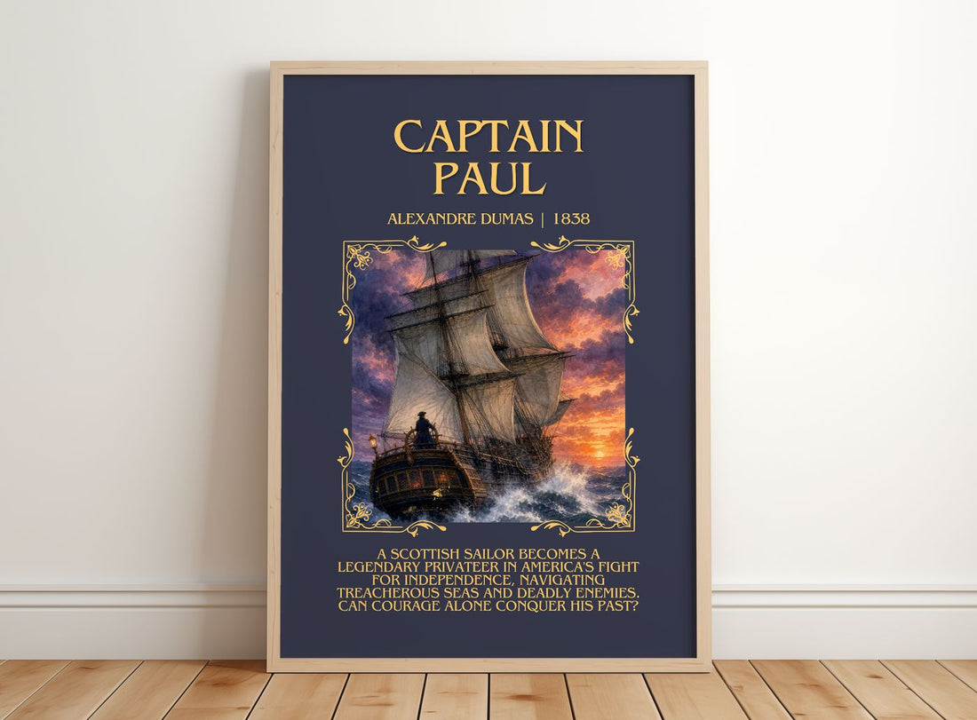 Captain Paul Minimalist Book Poster by Alexandre Dumas – framed print leaning on a wooden floor