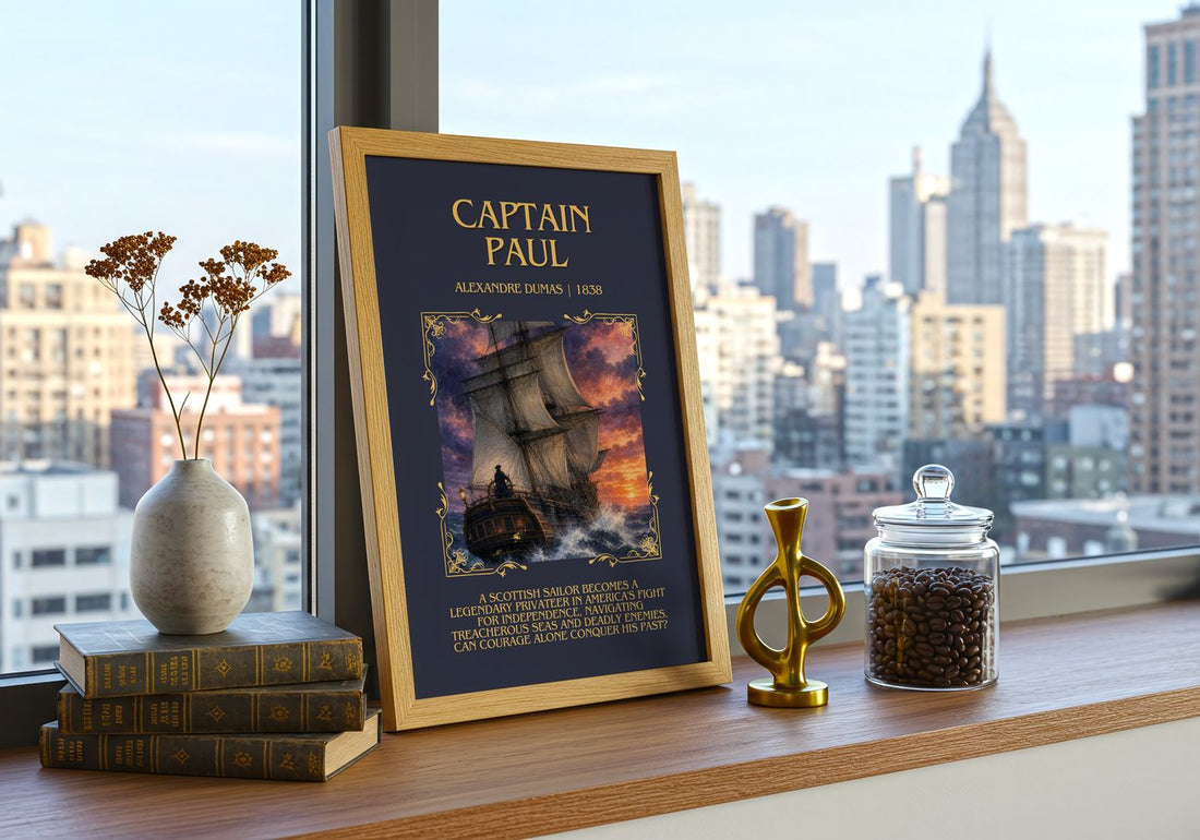 Captain Paul Minimalist Book Poster by Alexandre Dumas – framed print on a city-view windowsill