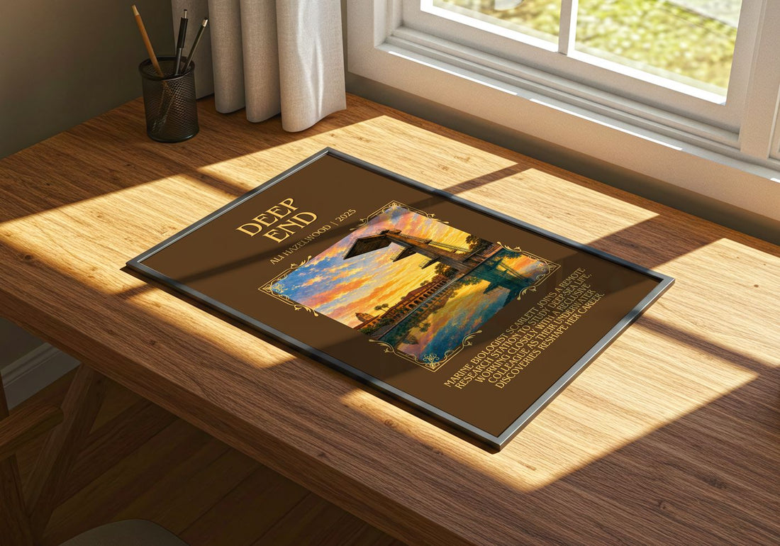 Deep End Minimalist Book Poster by Ali Hazelwood – print on a sunlit desk