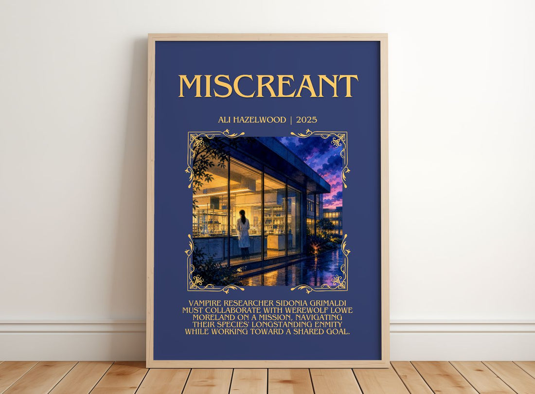 Miscreant Minimalist Book Poster by Ali Hazelwood – framed print leaning on a wooden floor
