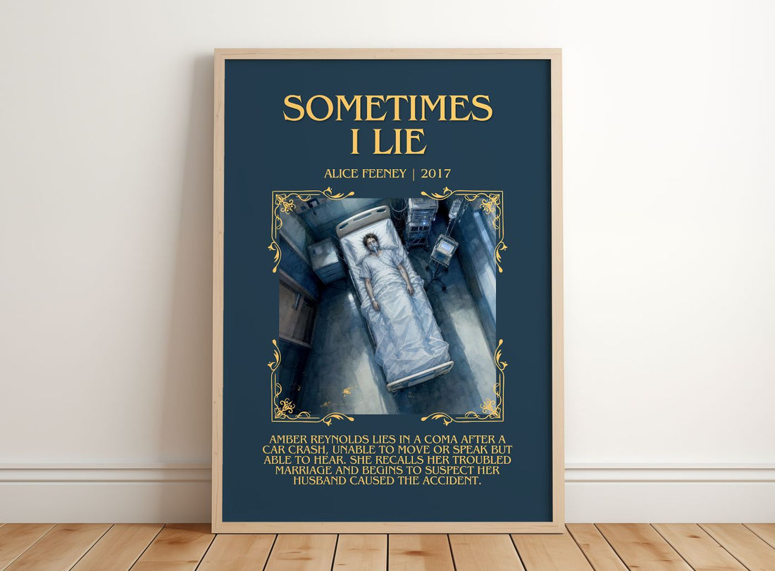 Sometimes I Lie Minimalist Book Poster by Alice Feeney – framed print leaning on a wooden floor