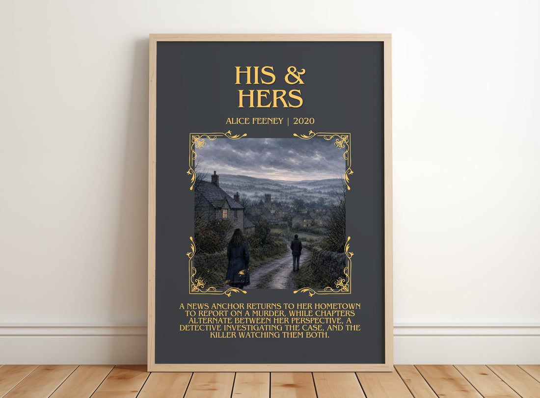 His & Hers Minimalist Book Poster by Alice Feeney – framed print leaning on a wooden floor