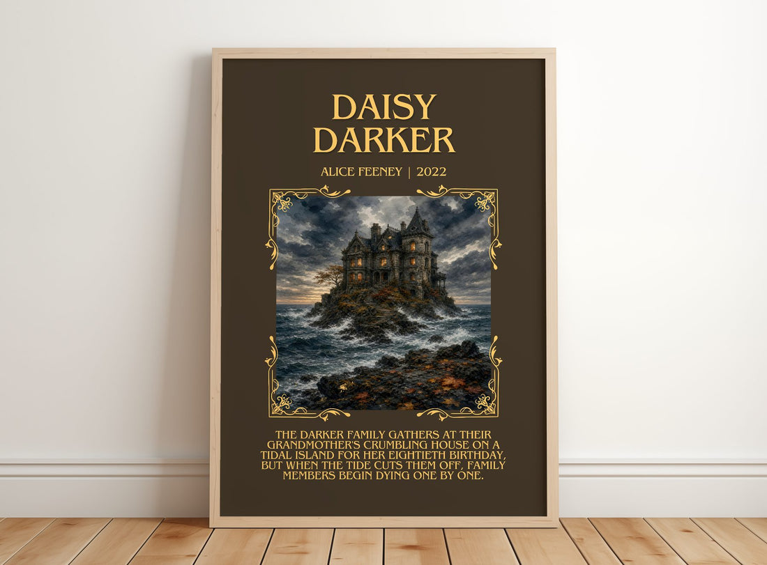 Daisy Darker Minimalist Book Poster by Alice Feeney – framed print leaning on a wooden floor