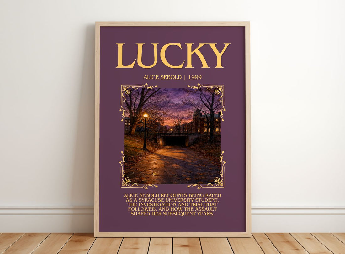 Lucky Minimalist Book Poster by Alice Sebold – framed print leaning on a wooden floor