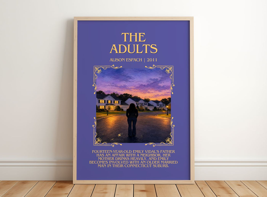 The Adults Minimalist Book Poster by Alison Espach – framed print leaning on a wooden floor