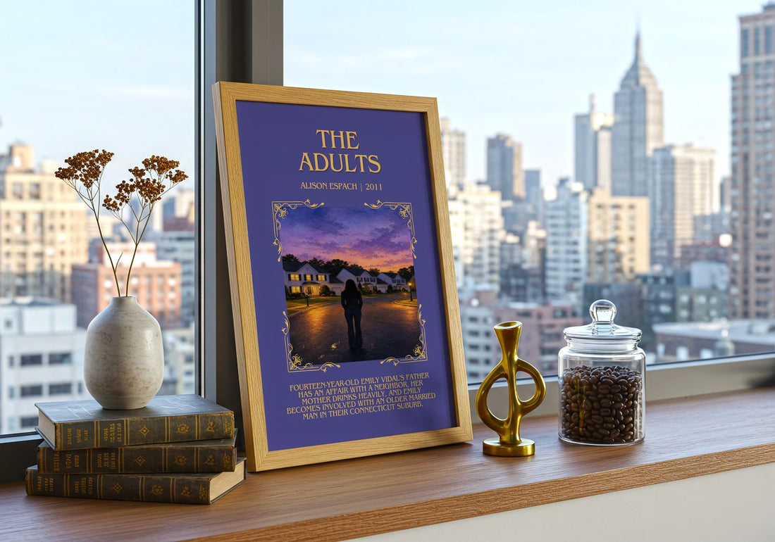 The Adults Minimalist Book Poster by Alison Espach – framed print on a city-view windowsill