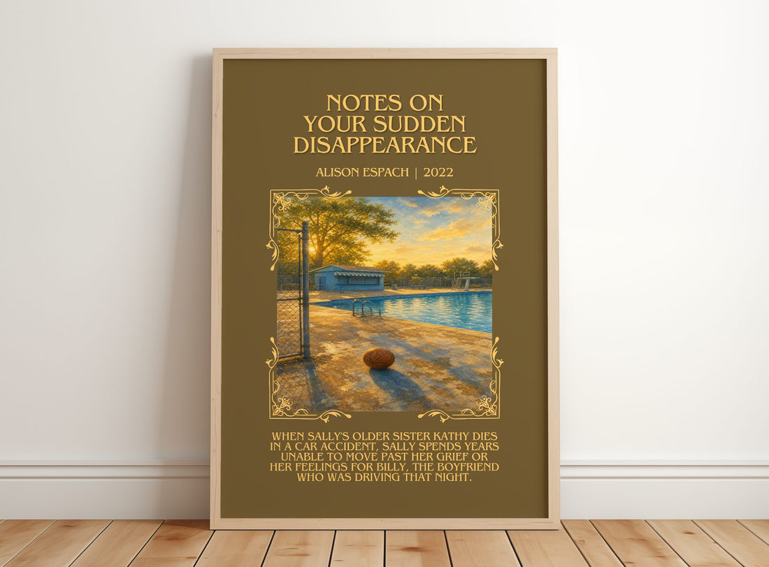 Notes On Your Sudden Disappearance Minimalist Book Poster by A. Espach – framed print leaning on a wooden floor