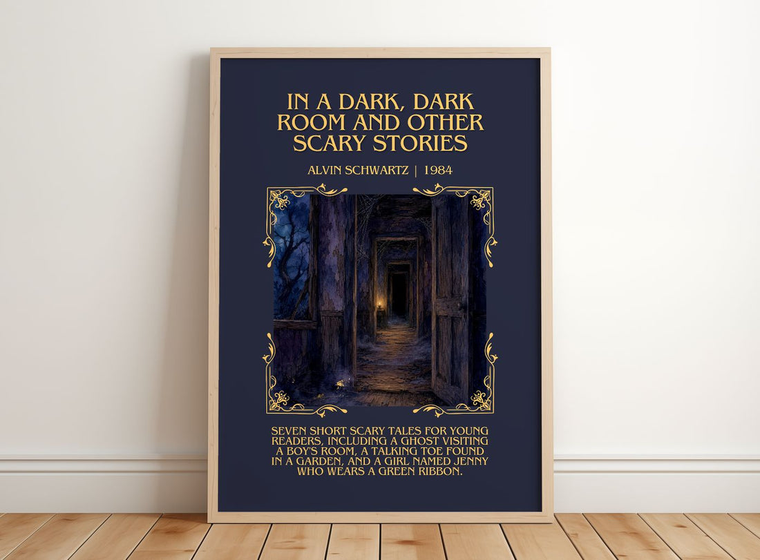 In A Dark, Dark Room And Other Scary Stories Minimalist Book Poster – – framed print leaning on a wooden floor