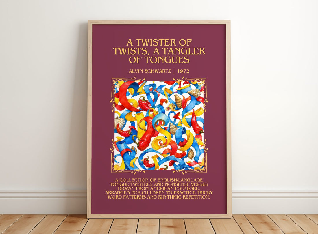 Twister Of Twists, A Tangler Of Tongues Minimalist Book Poster – framed print leaning on a wooden floor