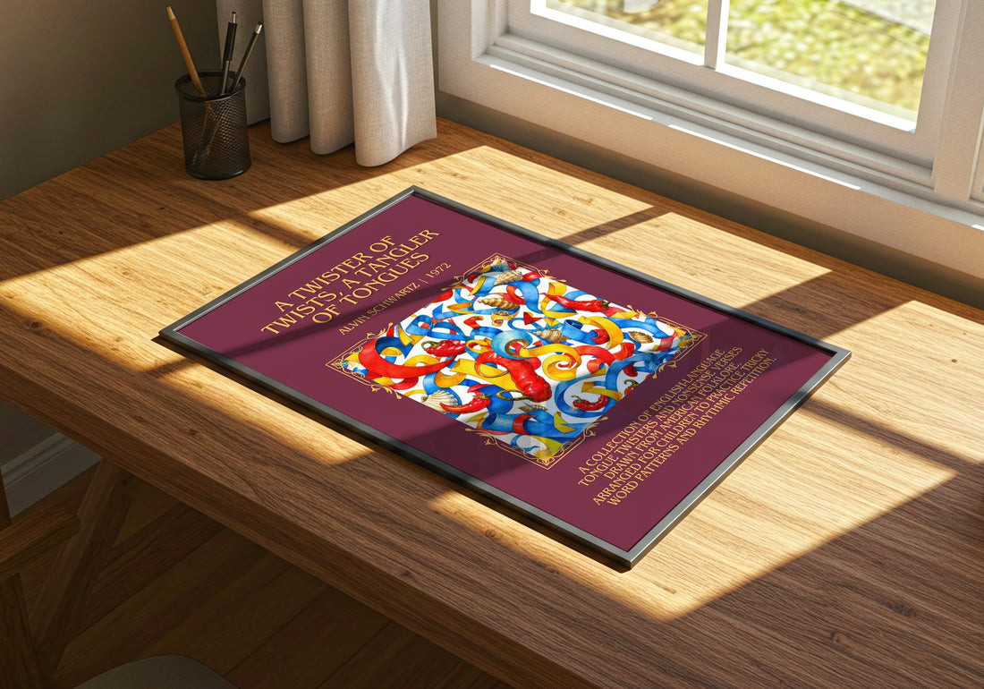 Twister Of Twists, A Tangler Of Tongues Minimalist Book Poster – print on a sunlit desk