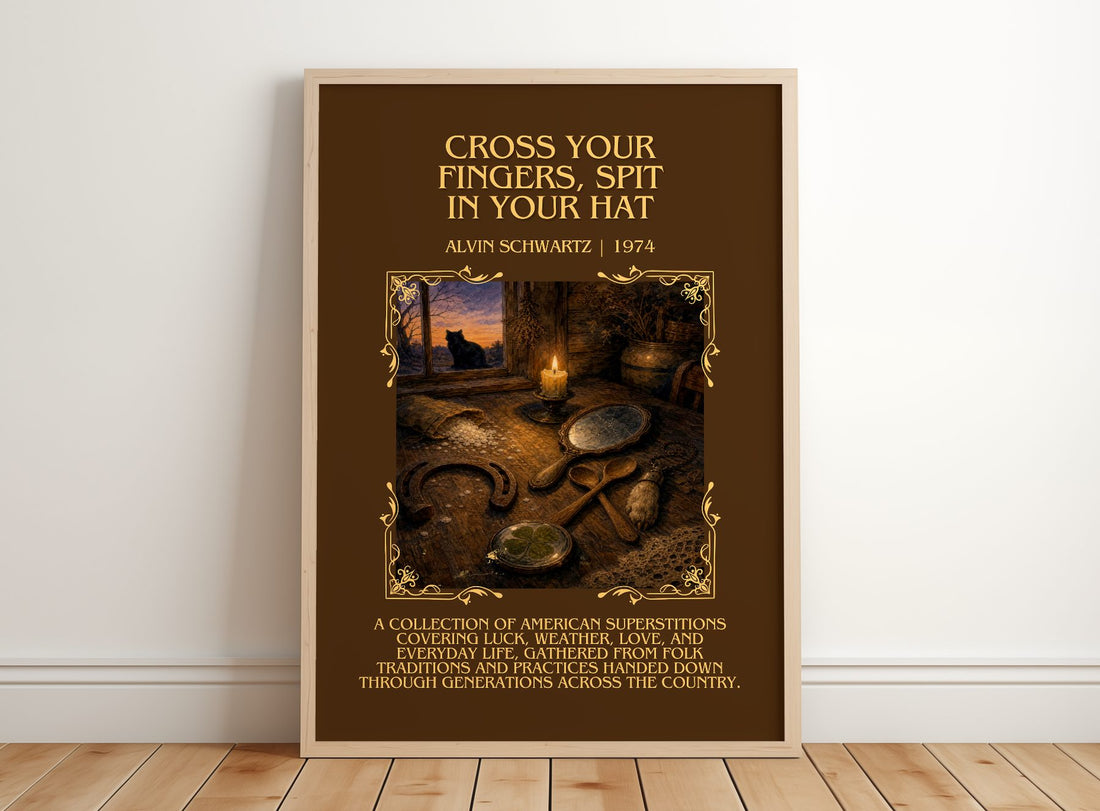 Cross Your Fingers, Spit In Your Hat Minimalist Book Poster – framed print leaning on a wooden floor