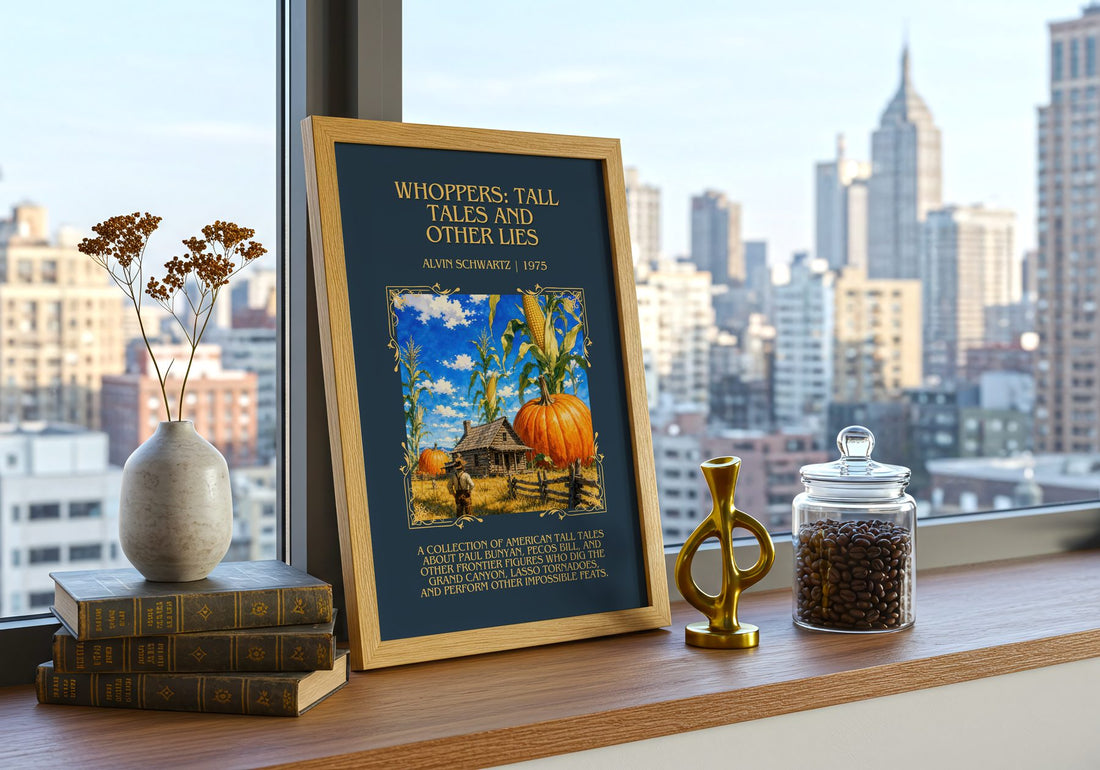 Whoppers: Tall Tales And Other Lies Minimalist Book Poster – framed print on a city-view windowsill