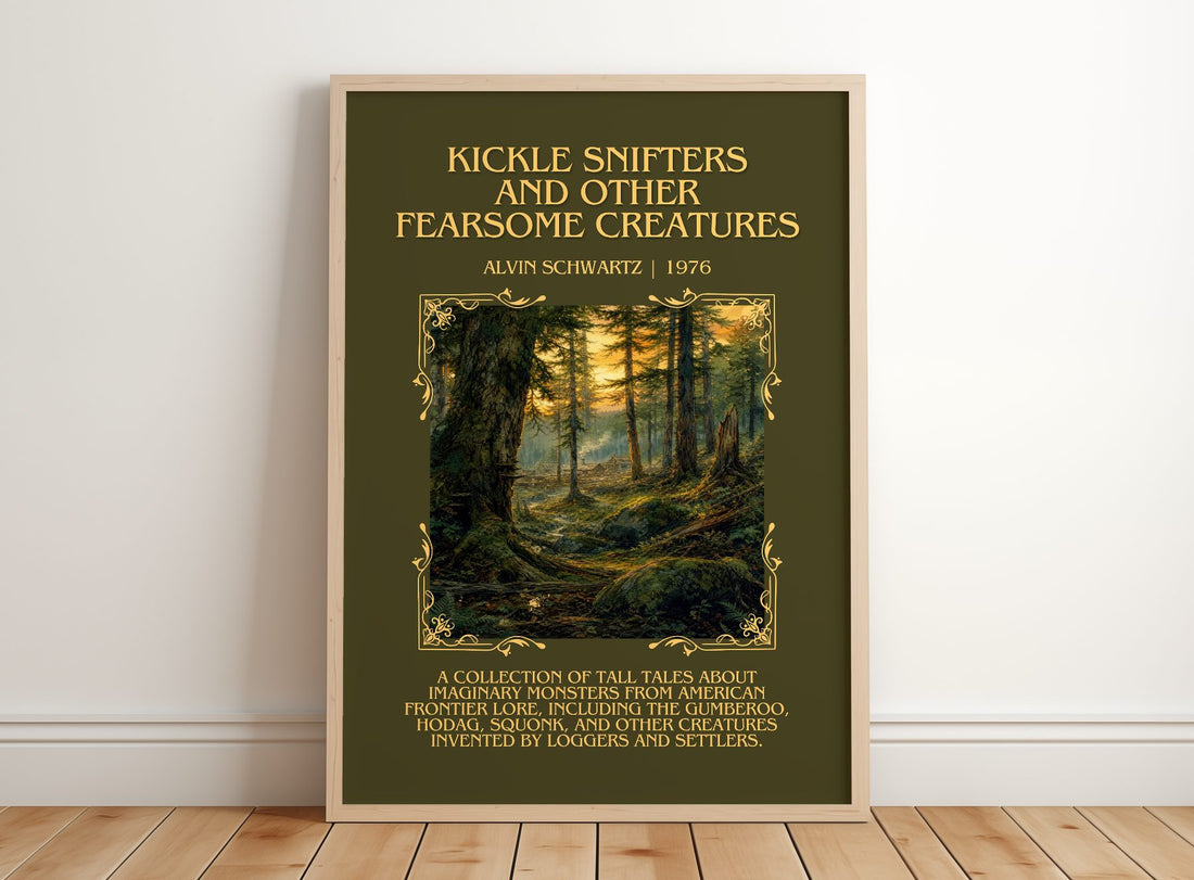Kickle Snifters And Other Fearsome Creatures Minimalist Book Poster – – framed print leaning on a wooden floor