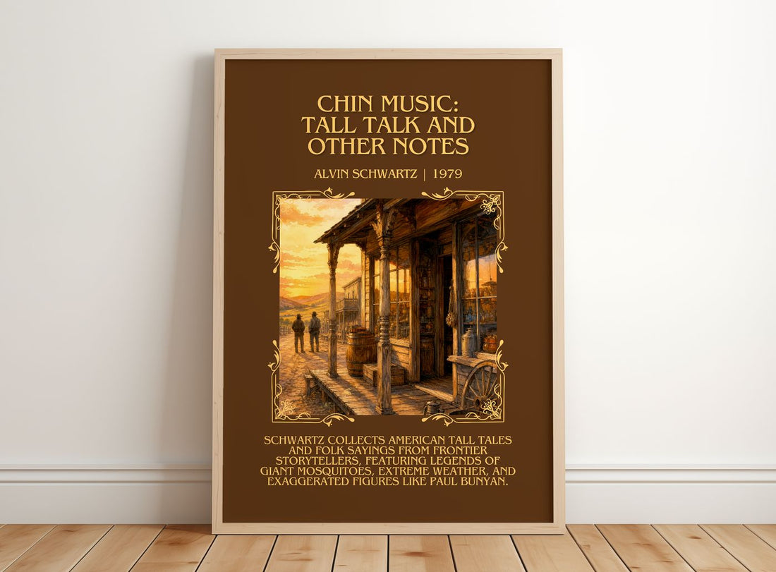 Chin Music: Tall Talk And Other Notes Minimalist Book Poster – framed print leaning on a wooden floor