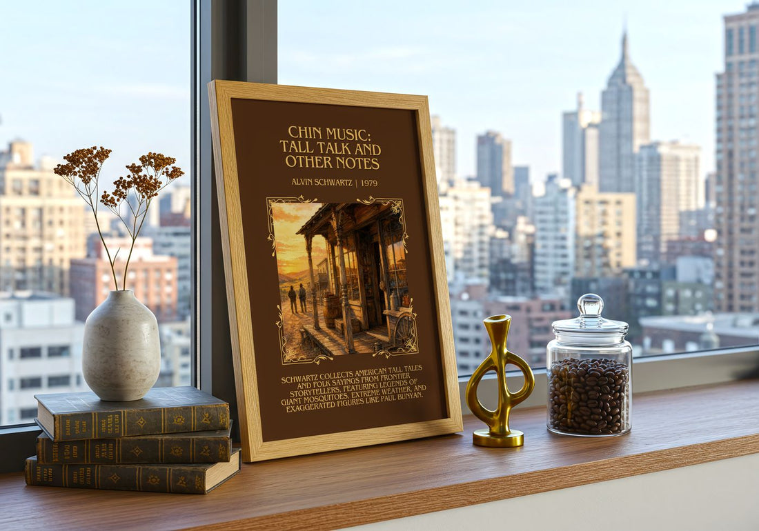 Chin Music: Tall Talk And Other Notes Minimalist Book Poster – framed print on a city-view windowsill