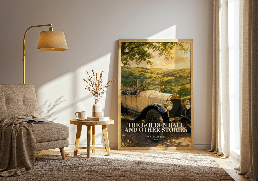 The Golden Ball And Other Stories watercolour print in frame leaning in hallway – mystery wall art (mockup)