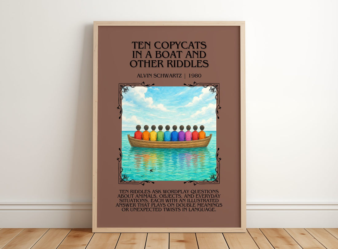 Ten Copycats In A Boat And Other Riddles Minimalist Book Poster – framed print leaning on a wooden floor