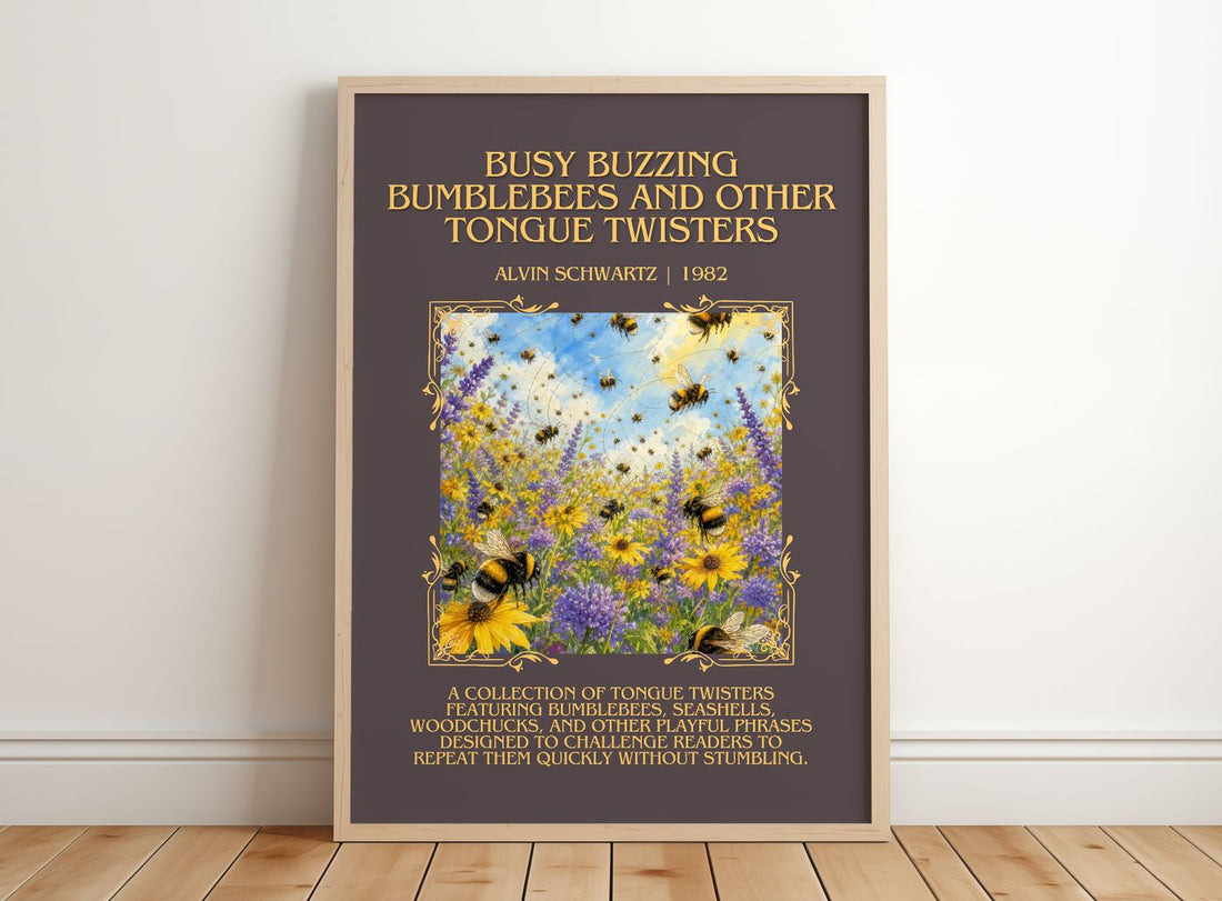 Busy Buzzing Bumblebees And Other Tongue Twisters Minimalist Book – framed print leaning on a wooden floor