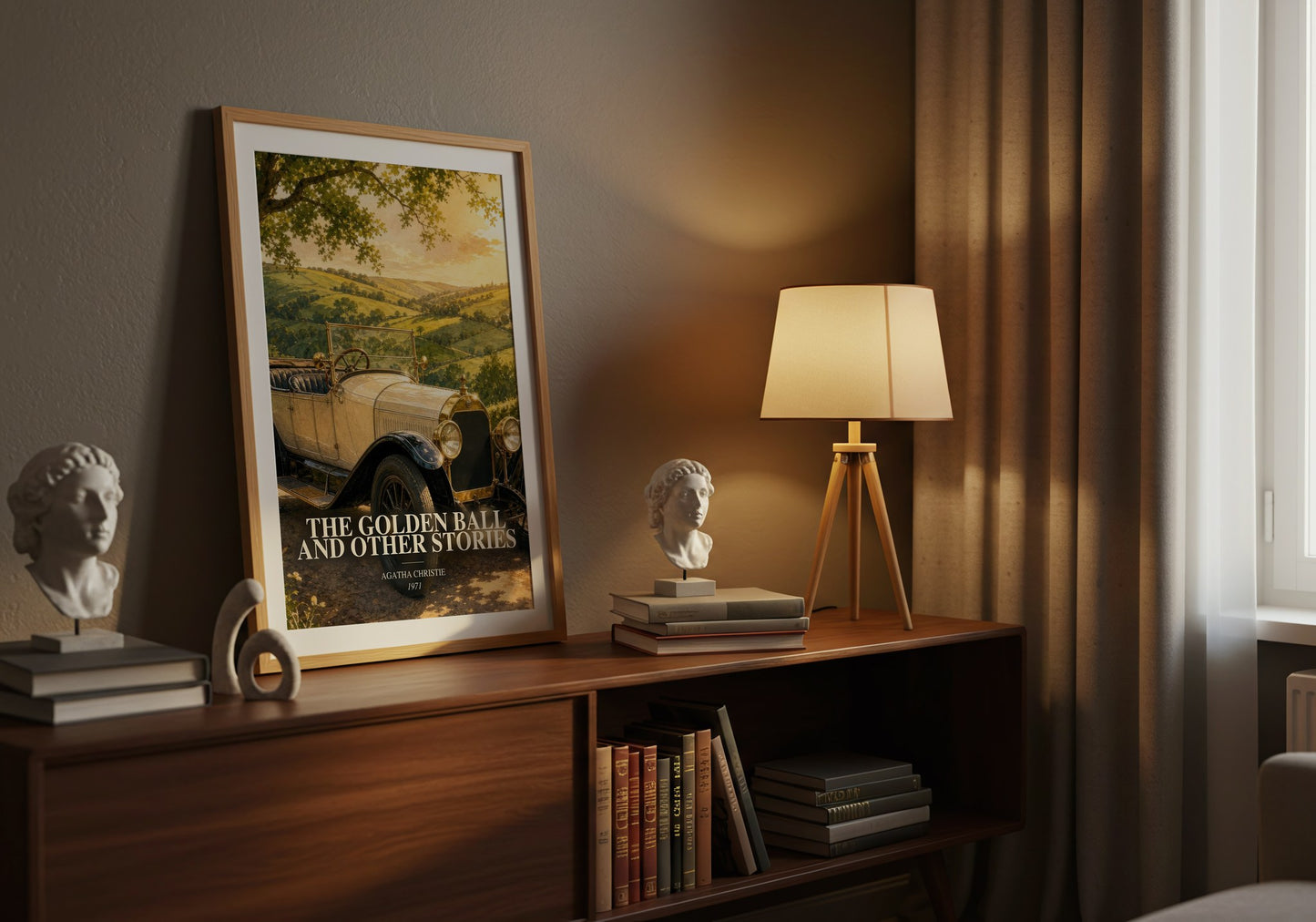 The Golden Ball And Other Stories watercolour print on bookshelf – Agatha Christie fan gift