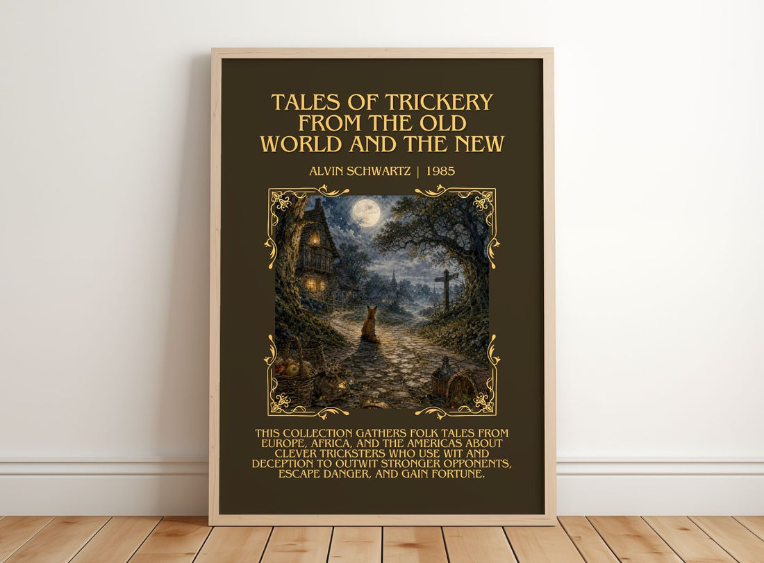 Tales Of Trickery From The Old World And The New Minimalist Book – framed print leaning on a wooden floor