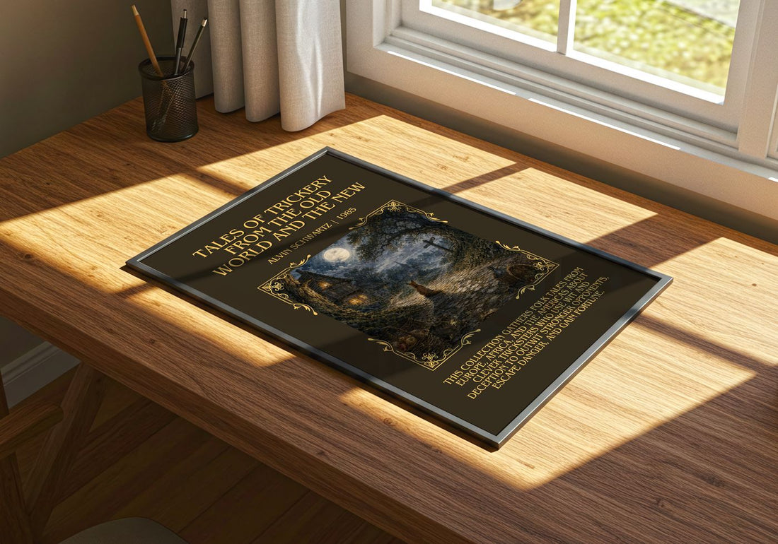 Tales Of Trickery From The Old World And The New Minimalist Book – print on a sunlit desk