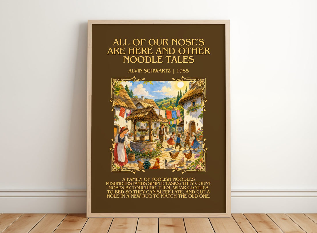 All Of Our Nose'S Are Here And Other Noodle Tales Minimalist Book – framed print leaning on a wooden floor
