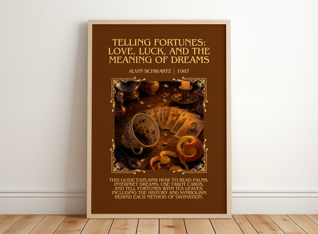 Telling Fortunes: Love, Luck, And The Meaning Of Dreams Minimalist – framed print leaning on a wooden floor