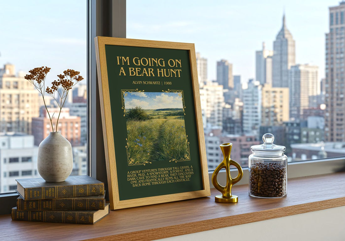 I'M Going On A Bear Hunt Minimalist Book Poster by Alvin Schwartz – framed print on a city-view windowsill