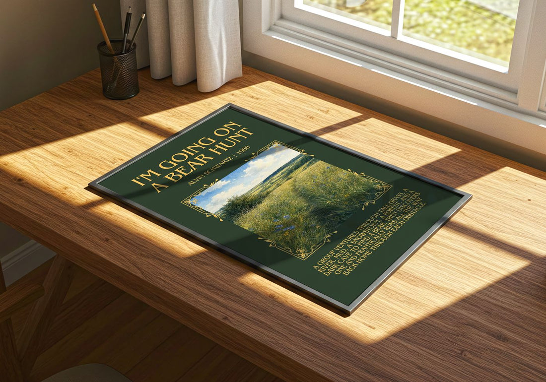 I'M Going On A Bear Hunt Minimalist Book Poster by Alvin Schwartz – print on a sunlit desk