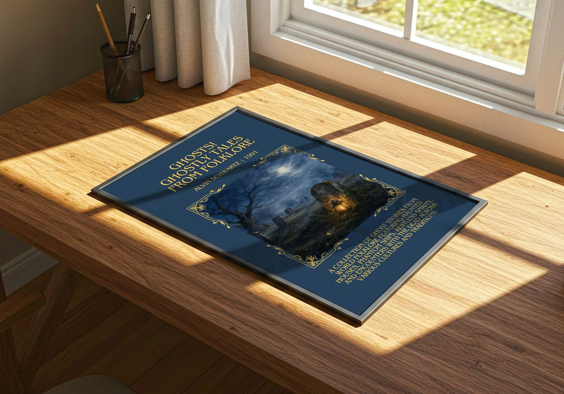 Ghosts! Ghostly Tales From Folklore Minimalist Book Poster – print on a sunlit desk