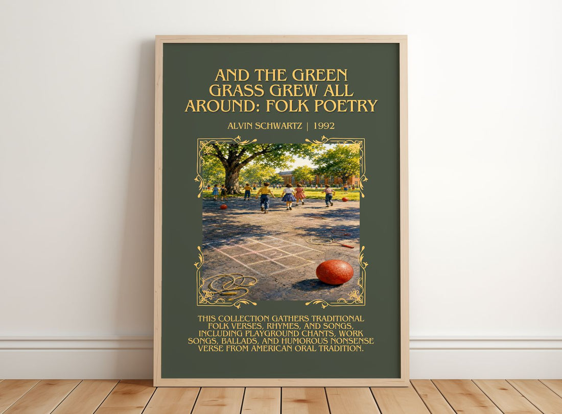 And The Green Grass Grew All Around: Folk Poetry Minimalist Book – framed print leaning on a wooden floor